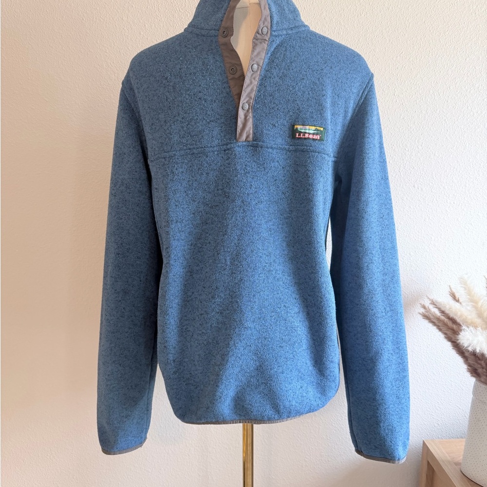LL Bean Mens Sweater Fleece Pullover Blue Slightly Fitted Snap Neck Small Reg